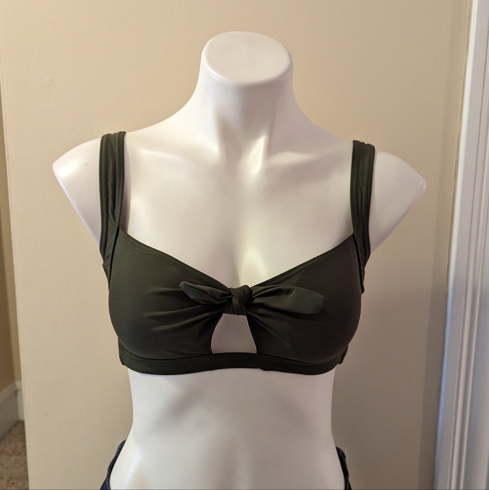 Dark olive green bikini top with removable padding and adjustable straps size S
